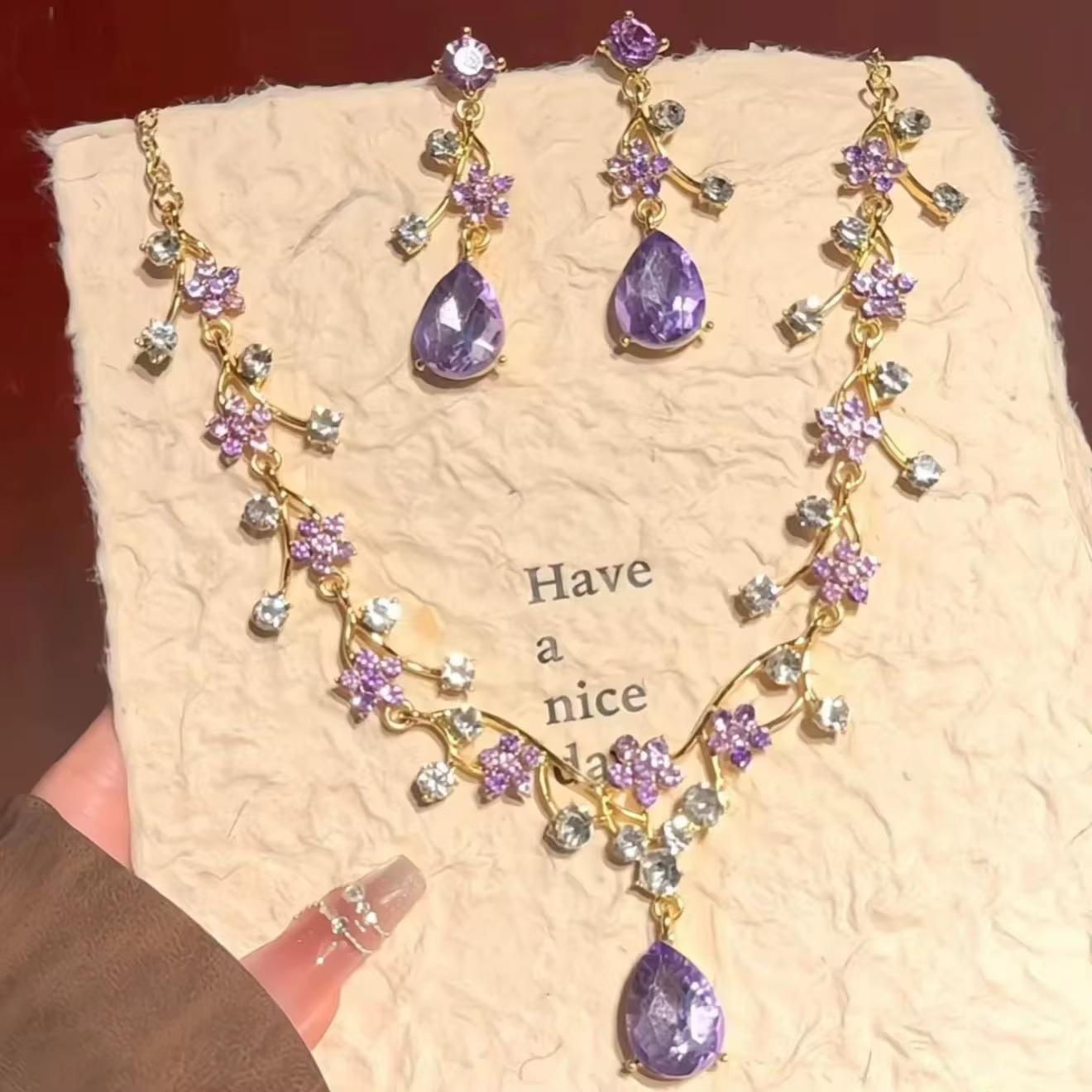 Ensemble de bijoux en forme de goutte d'eau avec fleurs en strass brillants pour femmes, collier et