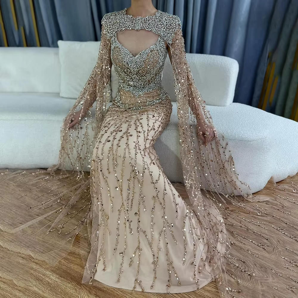 Serene Hill – robe de soirée sirène nue, couleur chair, avec perles, manches Cape amovibles, pour oc