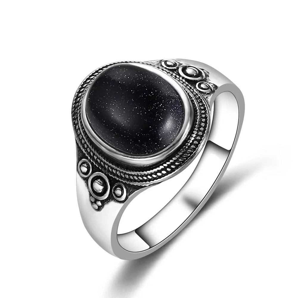 Bagues en grès bleu naturel 8x10MM pour femmes, bijoux en argent et pierres précieuses noires, cadea