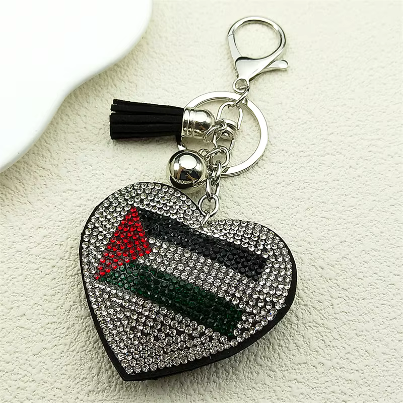 Porte-clés drapeau palestinien en forme de cœur, cristaux complets, pour femmes et hommes, en cuir, 