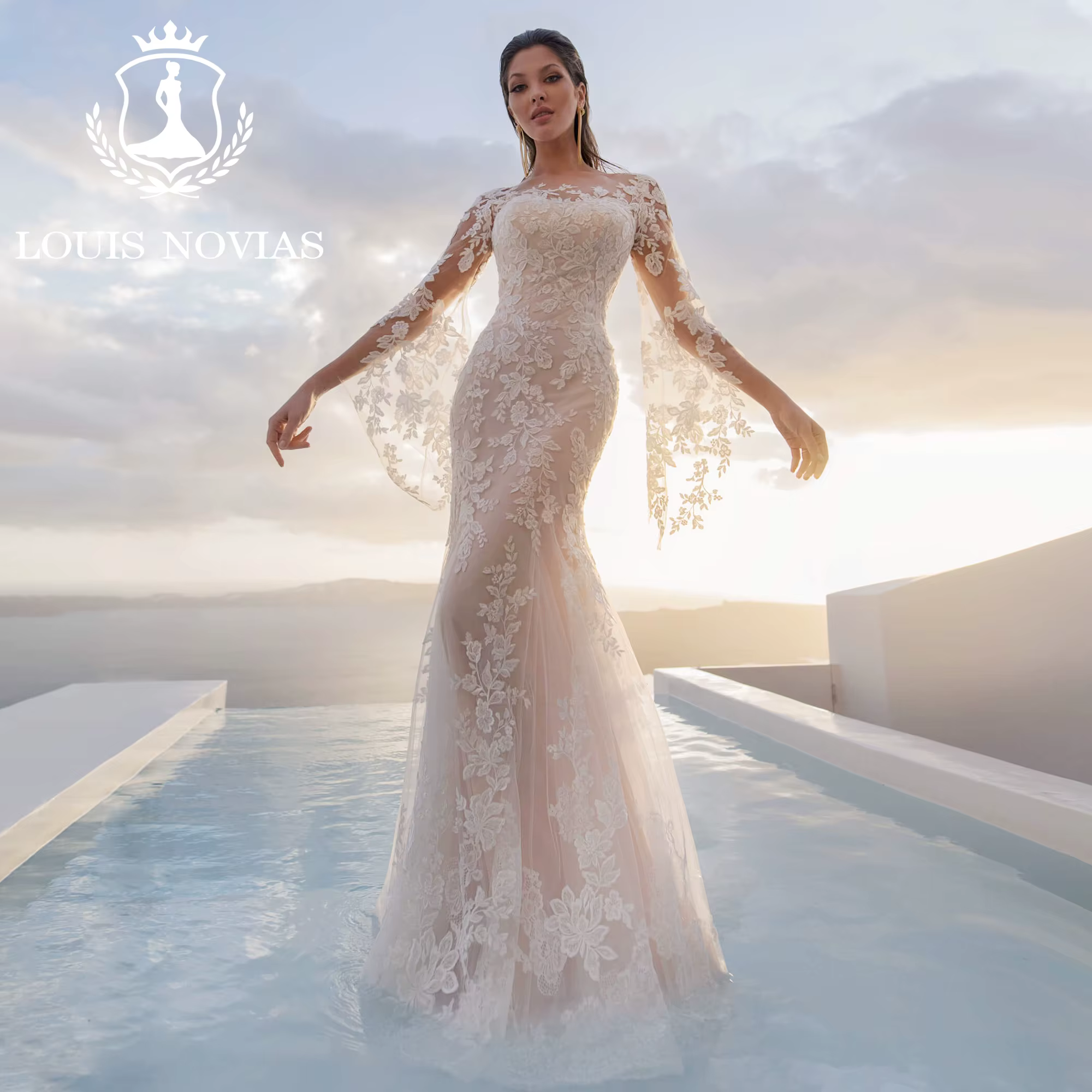 LOUIS NOVIAS sirène manches évasées robes De mariée mariée fluide chérie Appliques trompette robe De