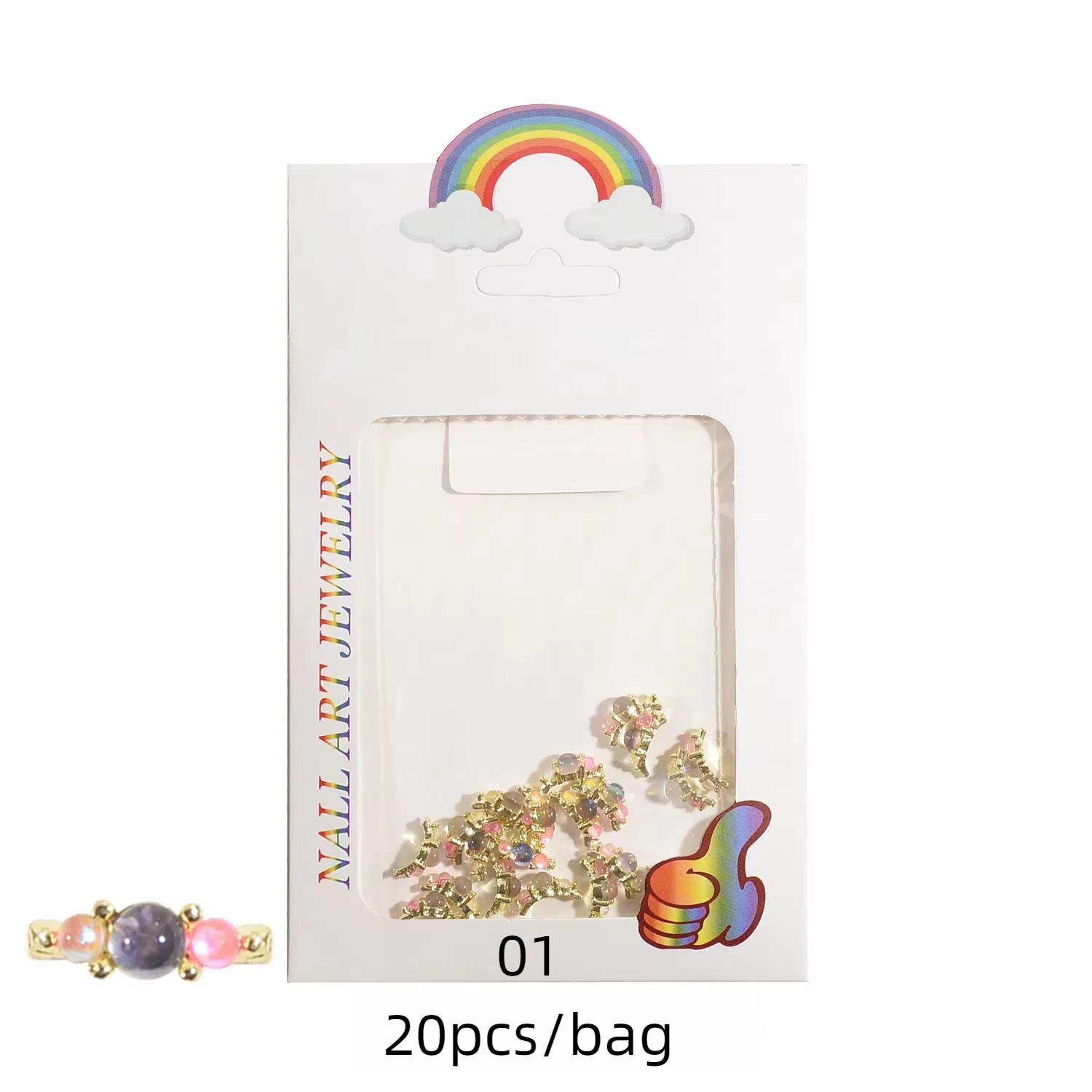 Anneaux de pierres précieuses aurore colorés tendance, ornements d'ongles avec cristal, décor 3D en 