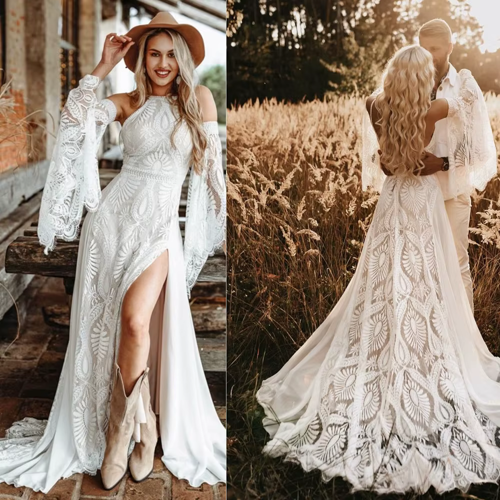 Robes de mariée à col haut pour femmes, robes de mariée à manches longues, plissé en dentelle, fente