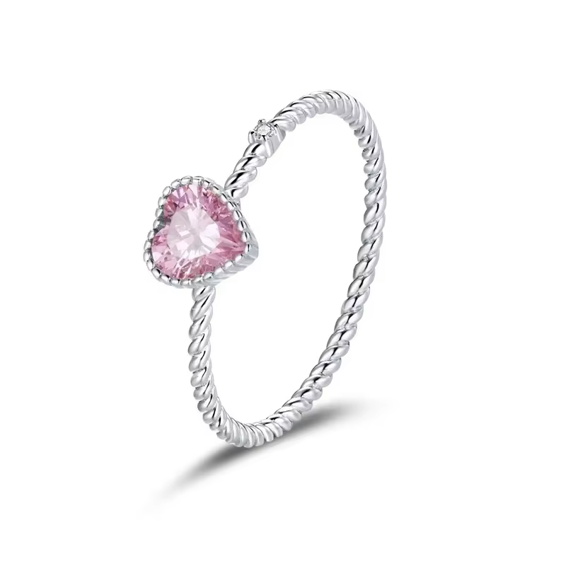Bague en argent sterling 925 avec zircon rose en forme de cœur, design unique en forme de corde, bij