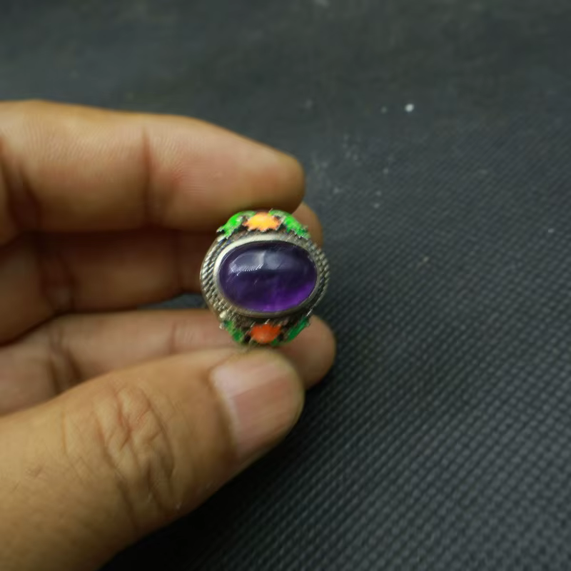 Bague vintage antique en émail incrustée de quartz fumé et de quartz rutile, bijou de doigt exquis e