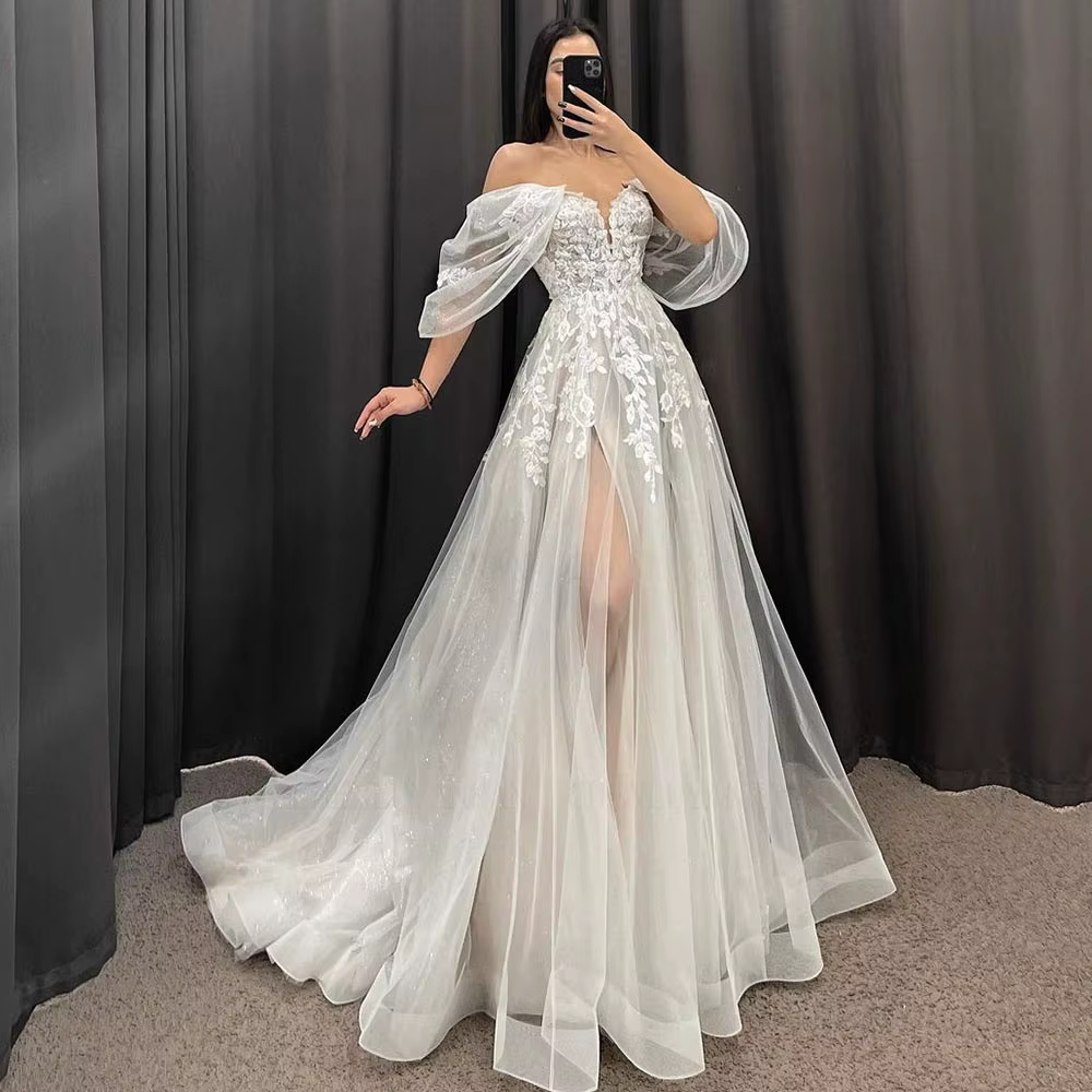 Robe de mariée trapèze ivoire pour femmes, col en v, manches courtes, longue, avec traîne de balayag