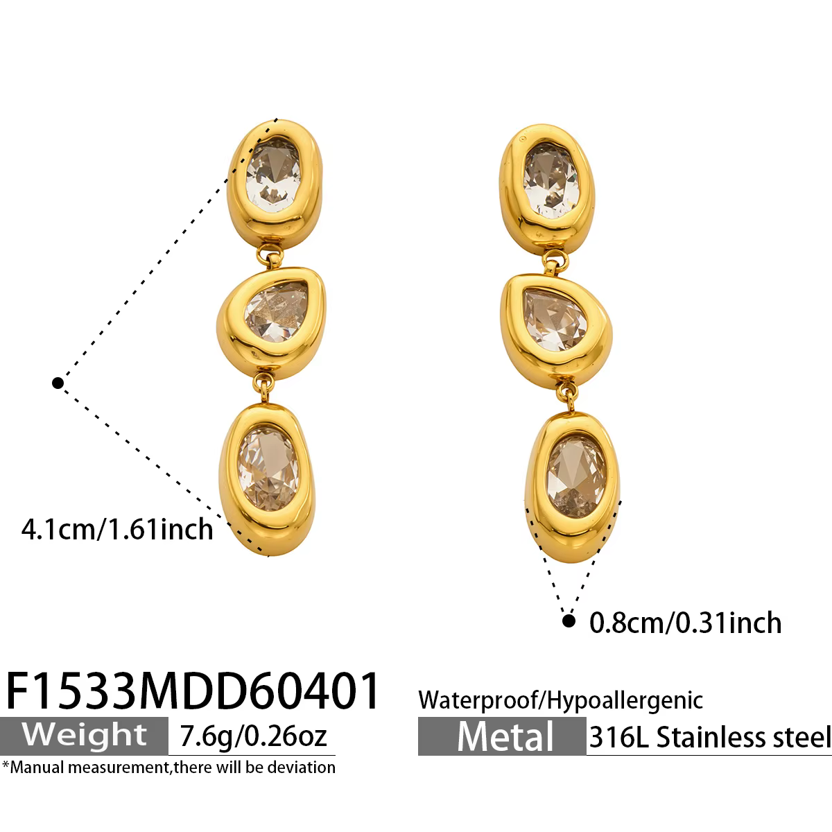 Boucles d'oreilles pendantes triple zircon cubique CZ plaquées or 18 carats avec zircon, délicates, 