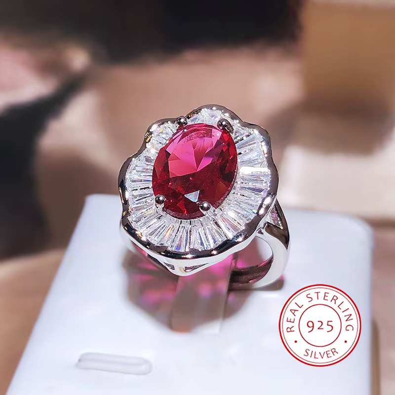 Bague de luxe en argent 925 pour femmes, zircone cubique rouge, cadeau d'anniversaire de mariage, ac