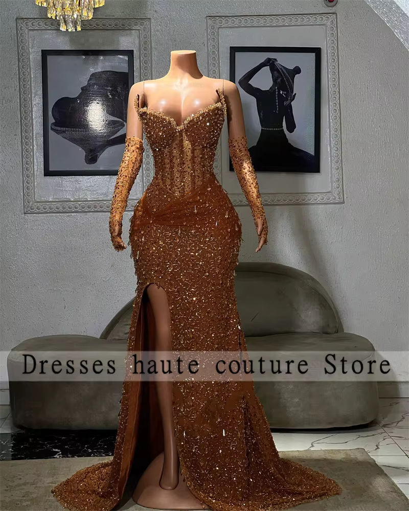 Rotterdam Kly-Robe de Bal en Dentelle Perlée, Champagne, Deux Gants, Fente Latérale, ixd'Anniversair