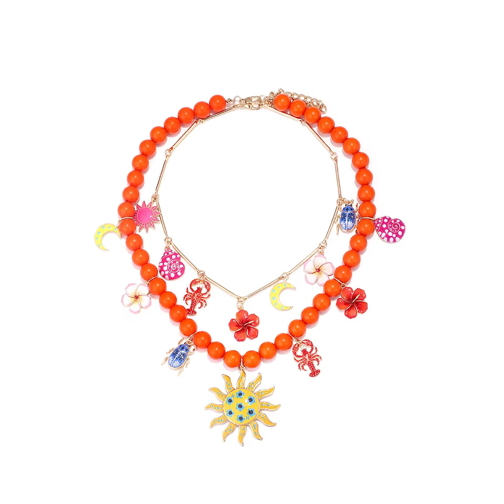 Nouveaux colliers bohèmes orange perlés avec pendentifs soleil, fleur, lune et homard pour femmes, a