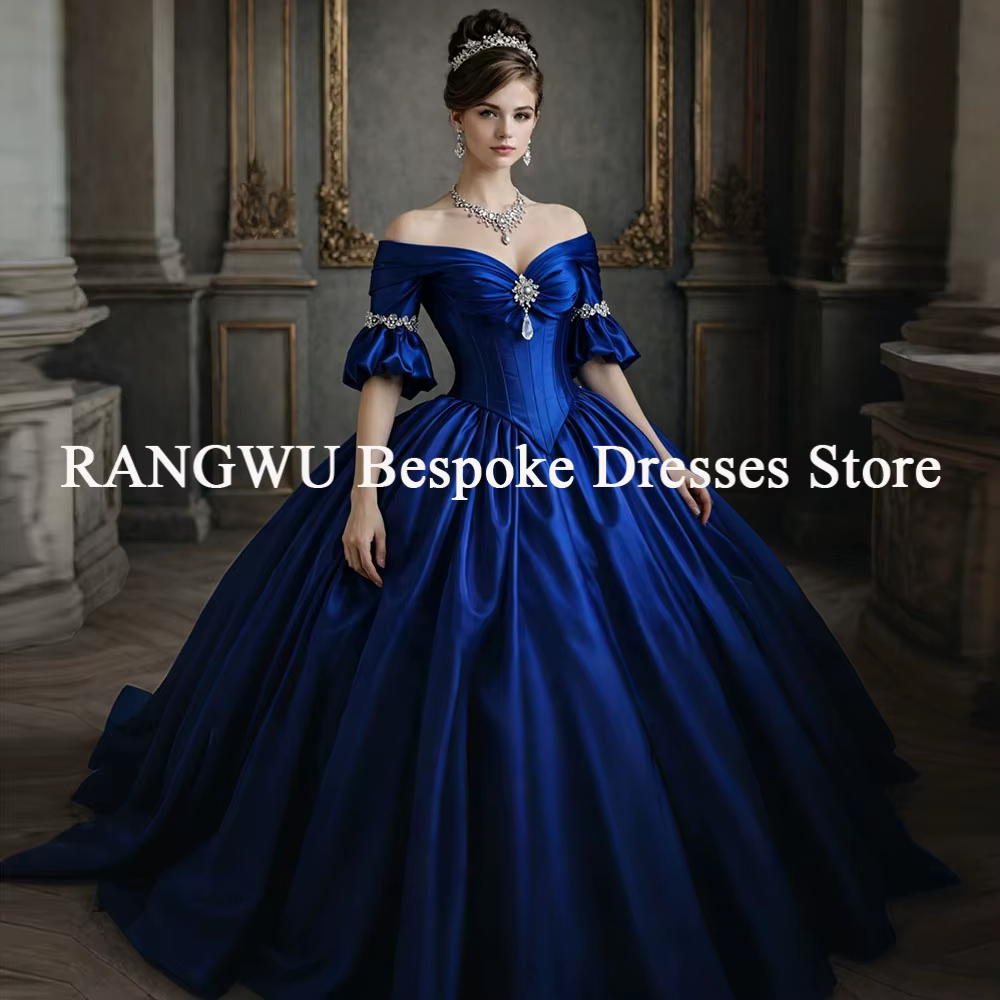 Robe de bal et de soirée bleu roi, style historique victorien des années 1830, avec manches bouffant