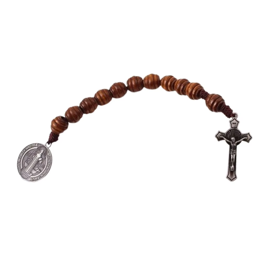 Vintage Saint benoît médaille bénédiction prière en bois perles de prière à la main alliage Saint be