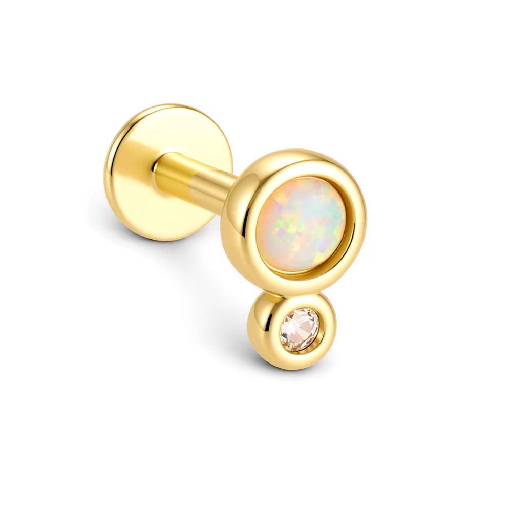 Boucle d'oreille simple à dos plat en argent sterling 925 plaqué or, avec deux cercles sertis d'opal