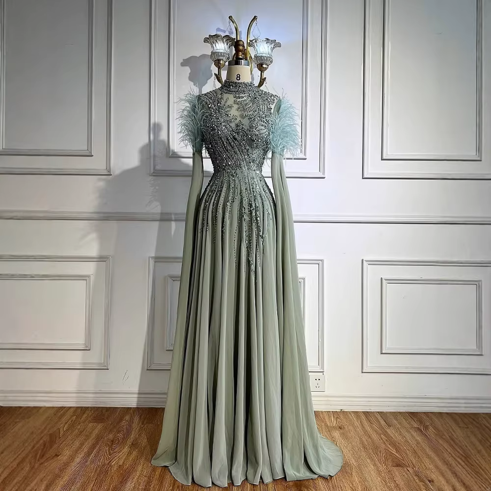 Robe de soirée trapèze élégante, col haut, perles, avec plumes, manches longues, robe formelle arabe