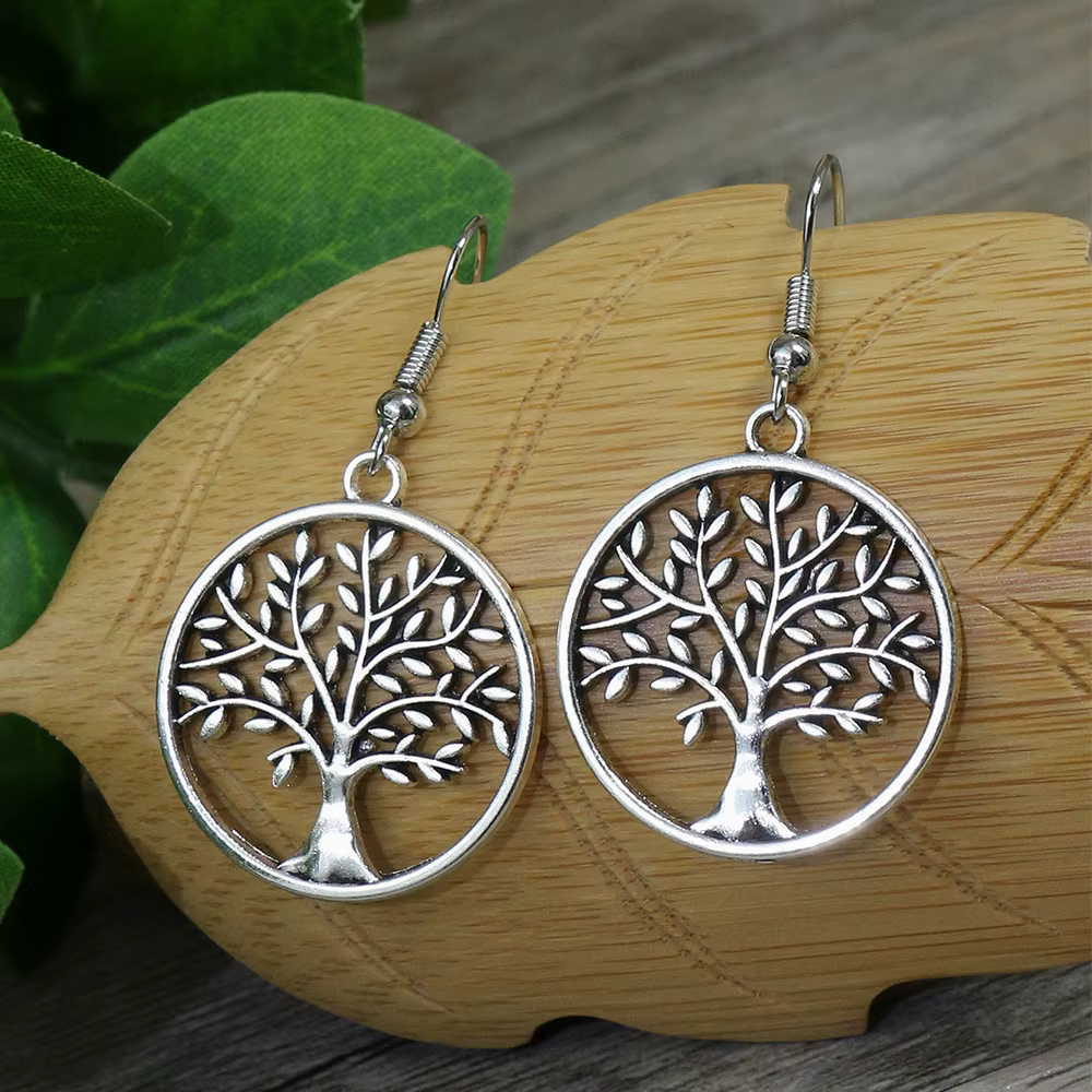 Boucles d'oreilles arbre de vie ethnique pour femmes, boucles d'oreilles rondes, bijoux creux, boucl