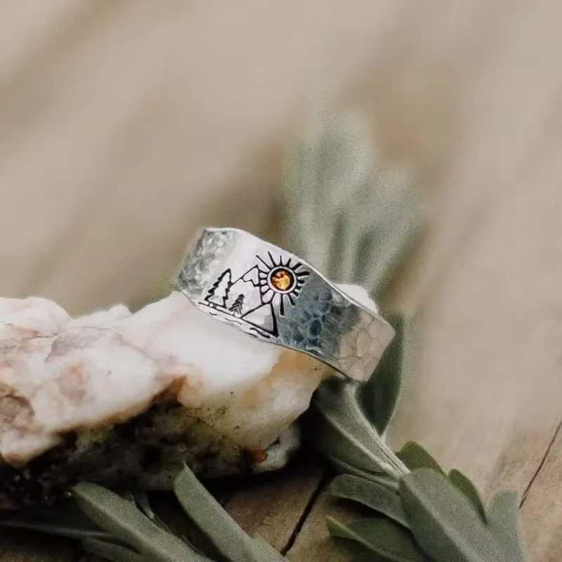 Bague Vintage forêt montagne coucher de soleil Nature paysage sculpté bague pour femmes hommes ouver