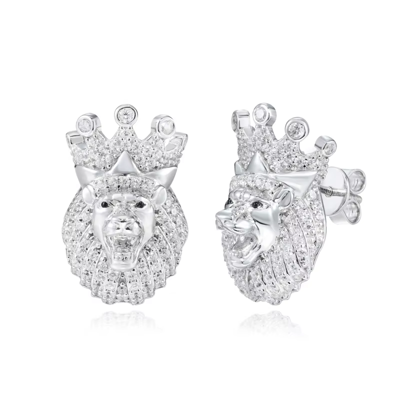 Boucles d'oreilles Hip Hop roi Lion en argent Sterling 925 véritable plaqué Rhodium, couronne de Moi