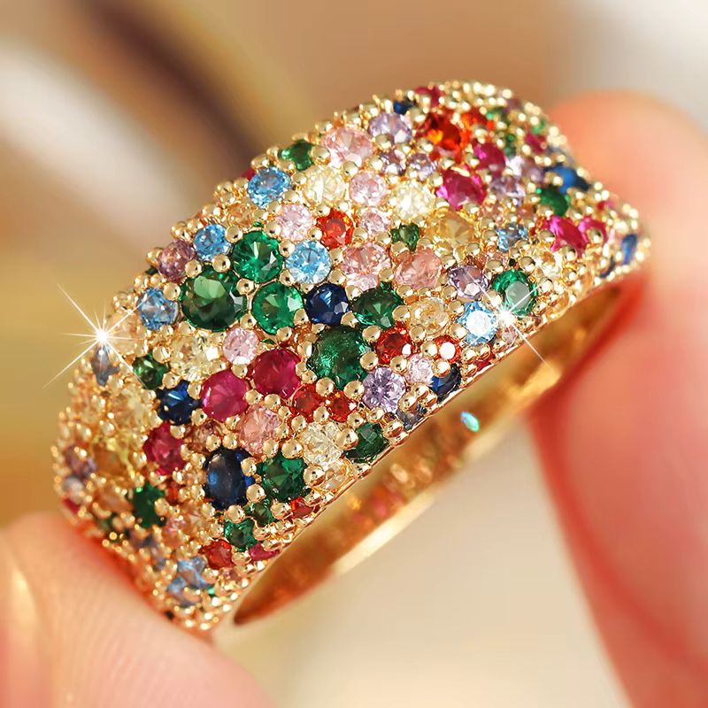 Bague de luxe pour femme incrustée de zircons multicolores, couleur or, géométrique, pour usage quot