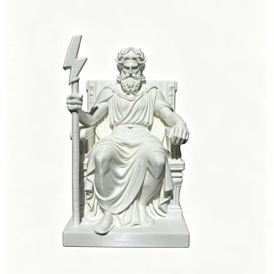 Statue du dieu grec Zeus sur trône, sculpture en impression 3D blanche, décoration de bureau sur le 