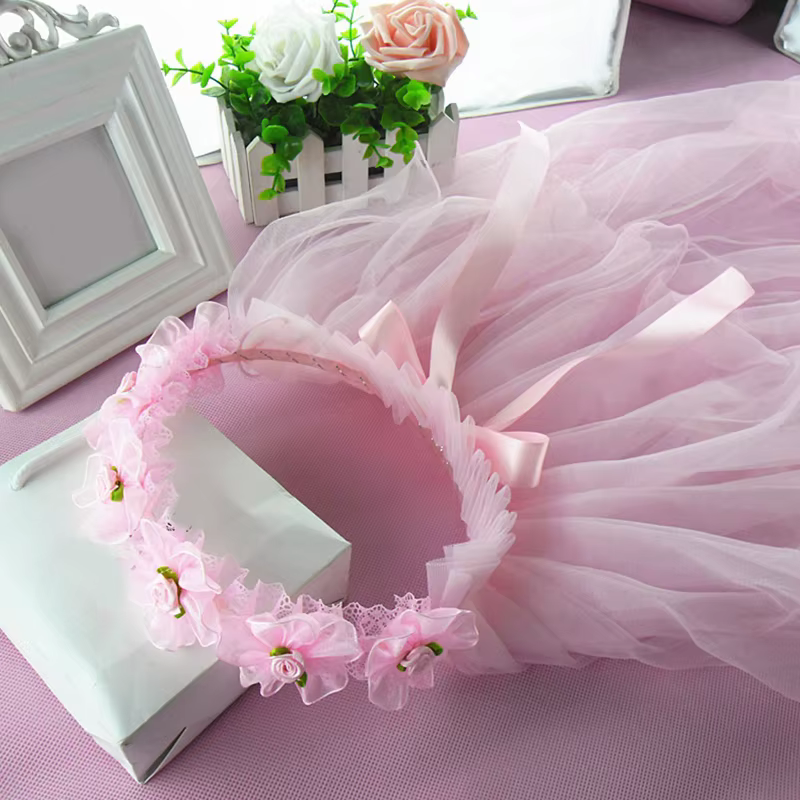 Couvre-chef en voile de fleurs pour filles, avec couronne de fleurs plissées, Long voile en Tulle, f
