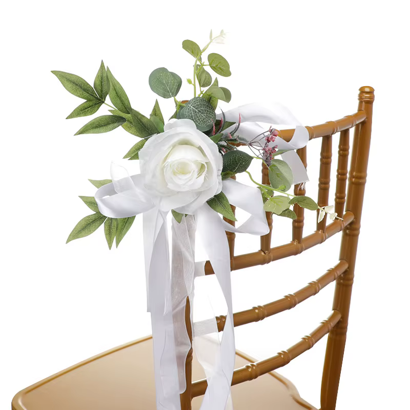 6 pièces de fleurs décoratives blanches pour dossier de chaise de mariage, avec feuilles d'eucalyptu