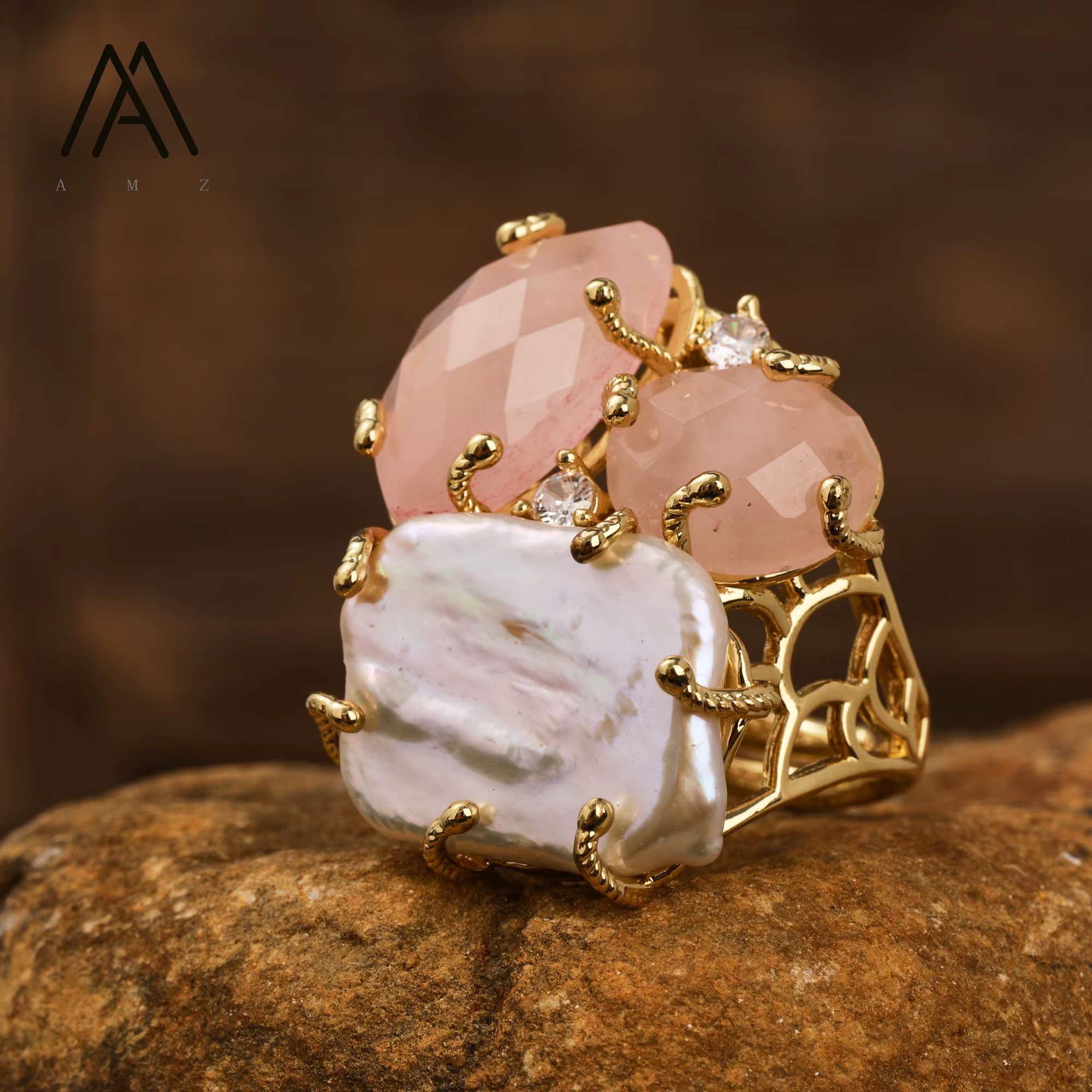 Bagues en cristal plaqué or avec diamant taille marquise, perle Keshi naturelle et amazonite, bijoux