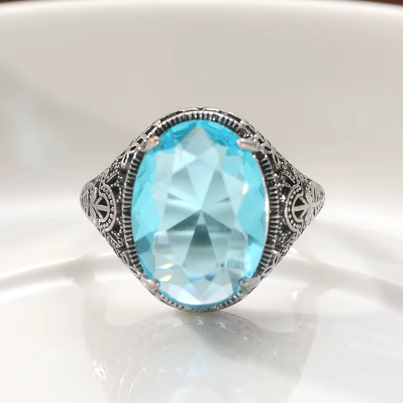 Bague ovale en aquamarine pour femmes, style bohème, motif sculpté fait à la main, bijoux élégants, 