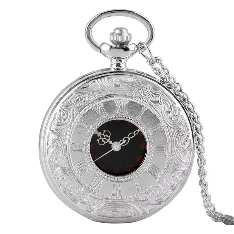 Montre de poche analogique à quartz pour hommes et femmes, avec couvercle gravé de chiffres romains,