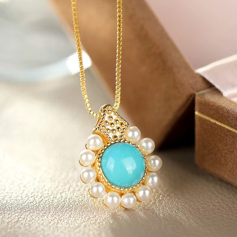 Ensemble de bijoux en argent incrusté de perles turquoises, style chinois rétro, breloque dorée légè