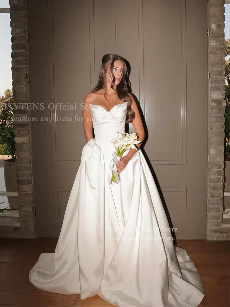 SSYTENS populaire chérie une ligne robes De mariée [récess longue robe De Noiva Satin femmes robes D