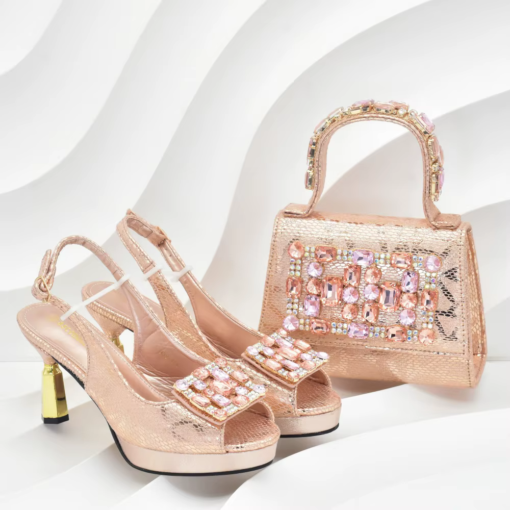 Chaussures et sacs à talons hauts couleur champagne, ornements en strass, élégants, nouveaux ensembl
