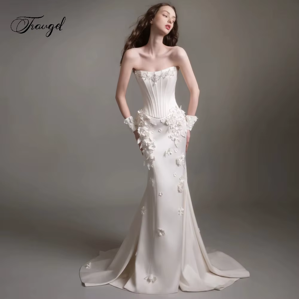 Robes de mariée sirène en satin personnalisées avec fleurs, sexy, sans bretelles, broderie en dentel