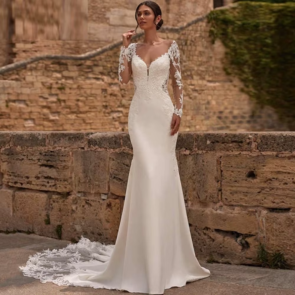 Robe de mariée sexy à manches longues, personnalisée, avec appliques rêveuses en tulle, style sirène