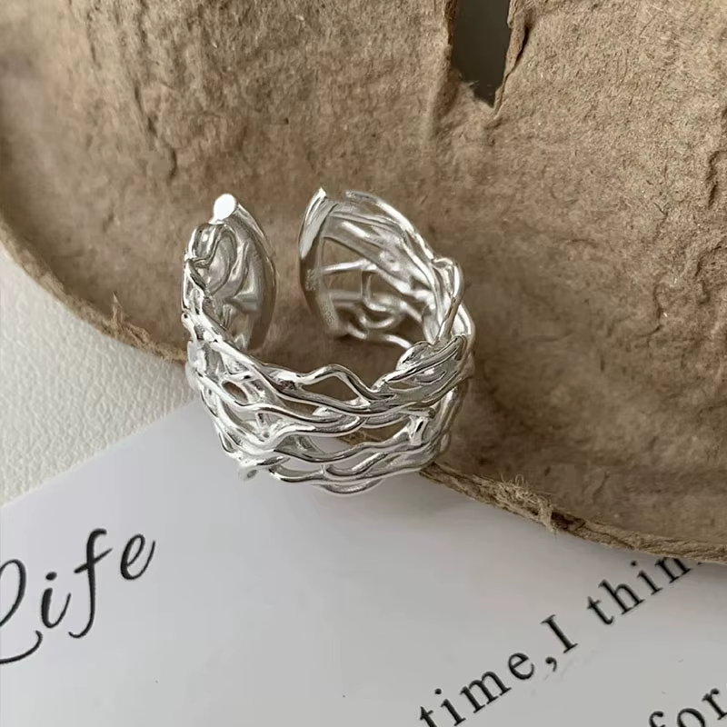 Bagues en argent Sterling 925 pour femmes, Vintage, faites à la main, large anneau creux réglable, b