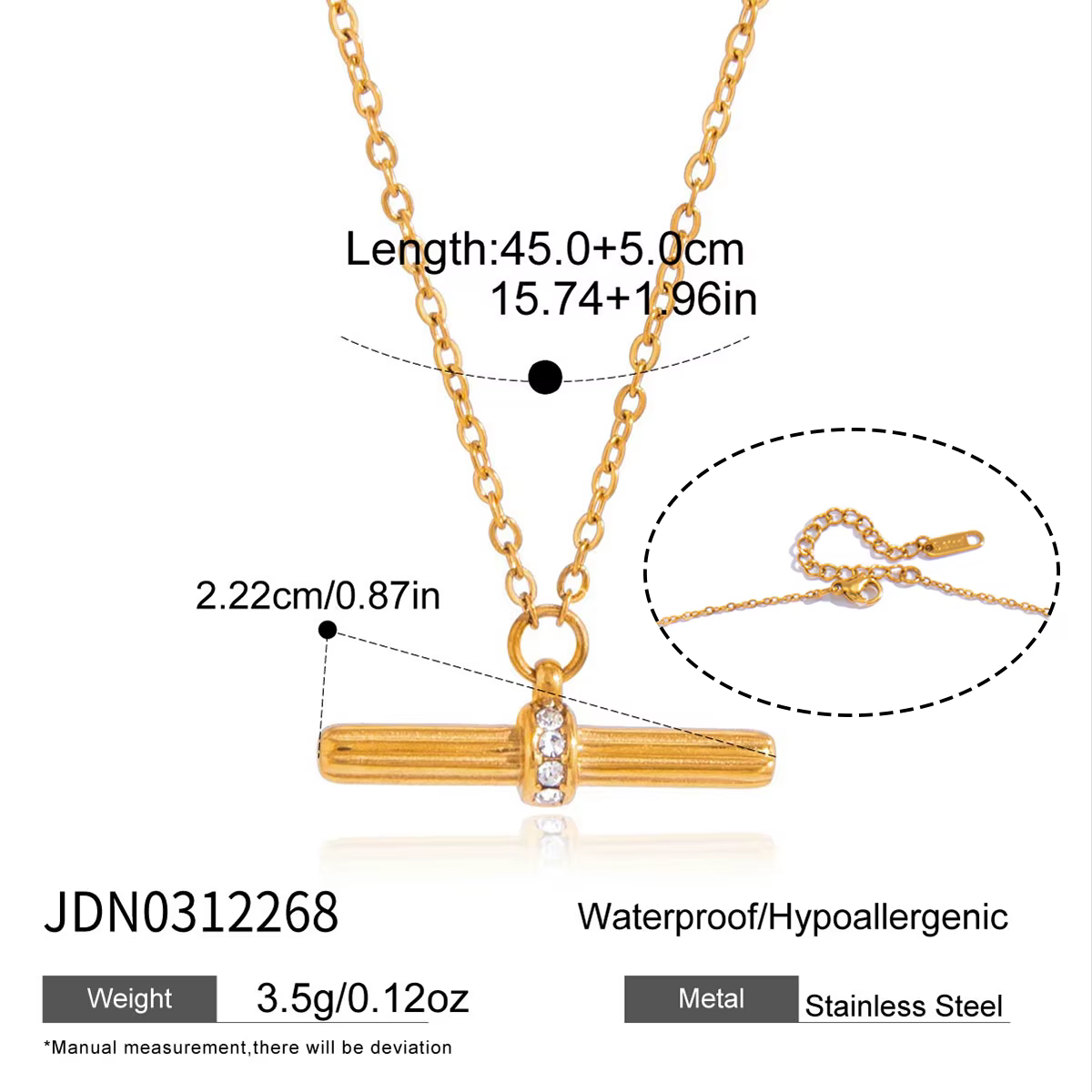 Collier pendentif Zora Classic T Bar pour femme, minimaliste, plaqué or 18 carats PVD, acier inoxyda