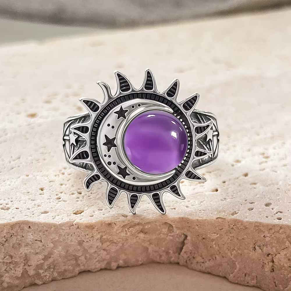 Bague en argent sterling S925 avec ambre naturel, bague ronde 8MM, bague lune étoile, bague soleil e
