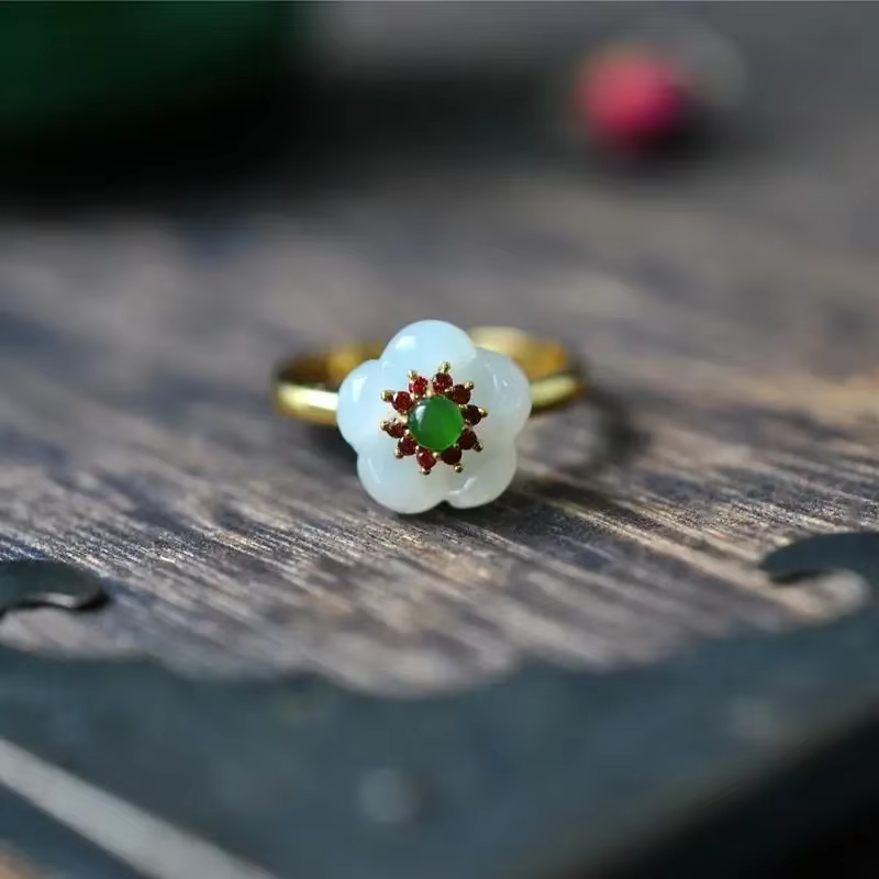 Anneaux de fleur de Jade blanc, bijoux à breloques réelles, bague réglable en argent 925 pour femmes