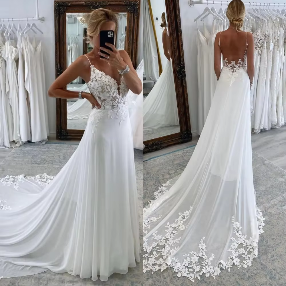 Robe de mariée en mousseline de soie A Line, robe de plage sexy, col en V, bretelles spaghetti, dos 