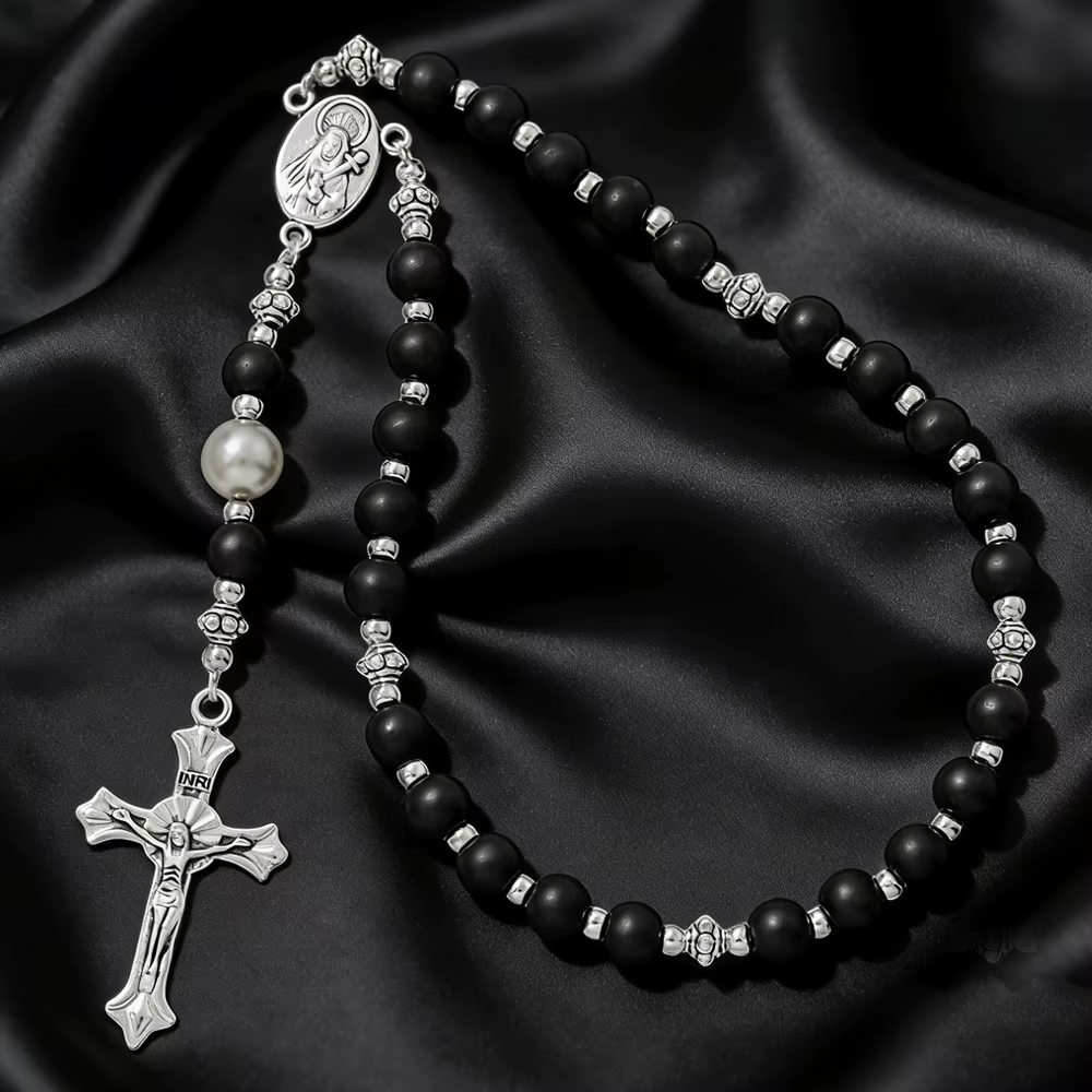 Chaîne de perles de prière religieuses vintage avec croix, crucifix de Jésus et pendentif Vierge Mar