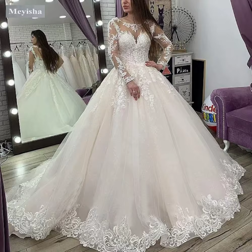 ZJ9448 robe De bal princesse robes De mariée col rond Court Train Vestido De Novia dentelle broderie