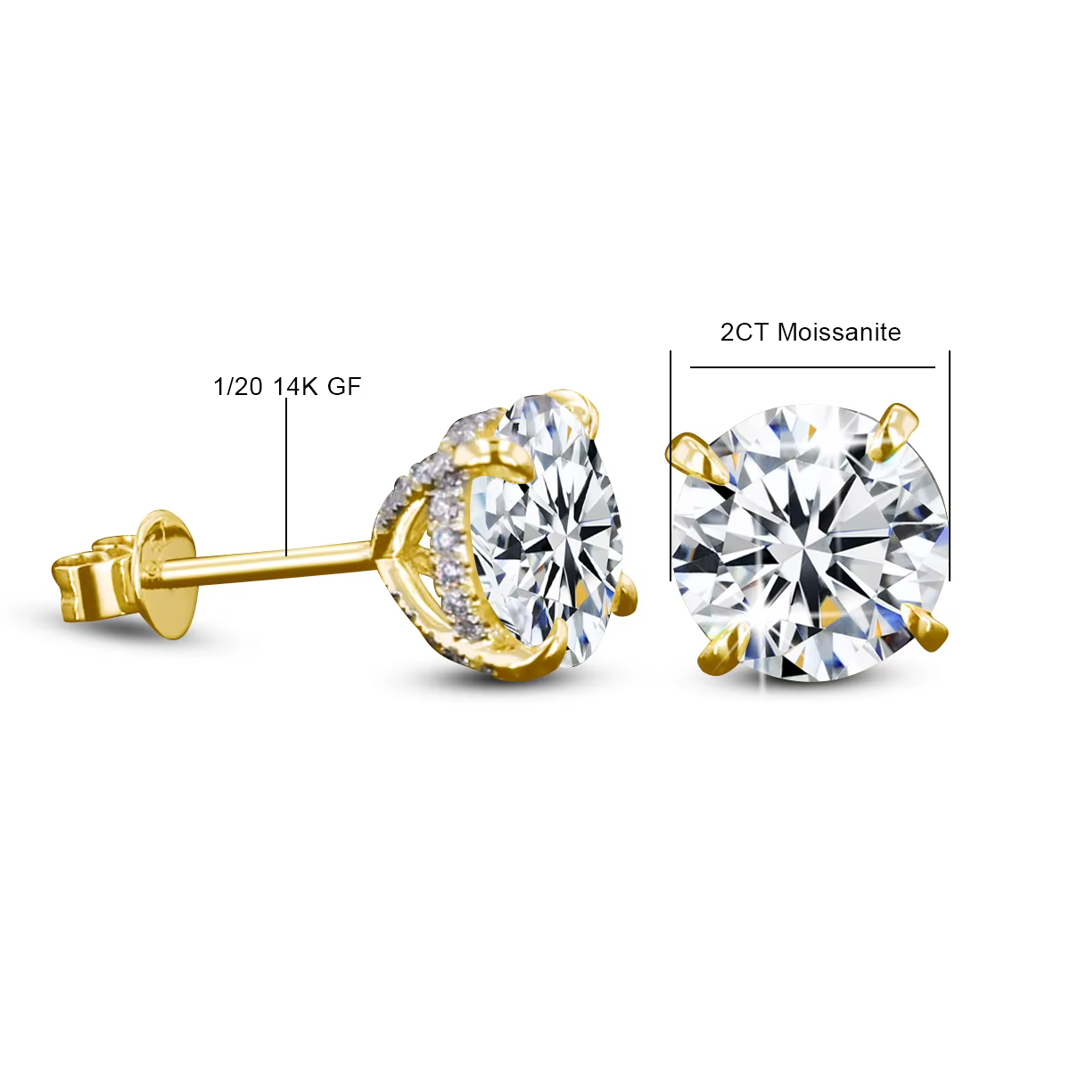 AU585 14K or rempli rond Moissanite clous d'oreilles femmes hommes Couple Piercing boucle d'oreille 
