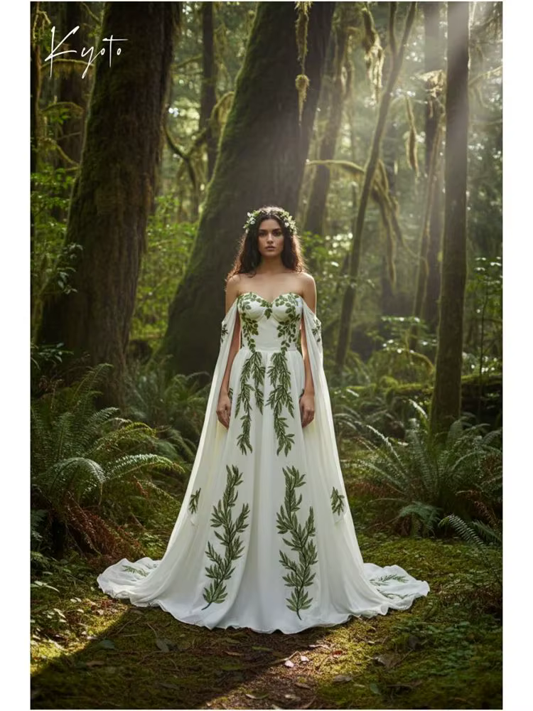 Kyoto personnalisé vert feuille broderie avec Cape robe de mariée épaules dénudées a-ligne vestidos 
