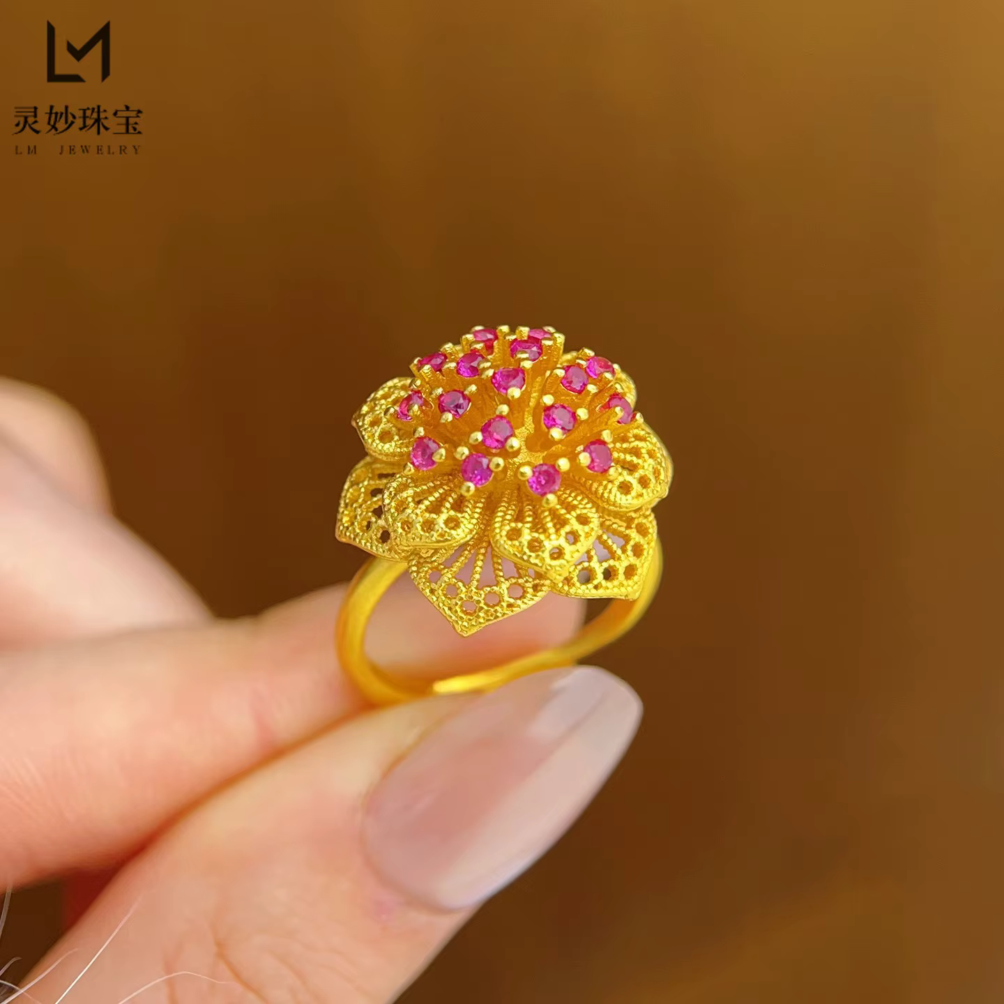 Bague en or 24 carats de luxe 9999, ouverte, pour femme, avec diamant rose, bijou en or pour femme, 