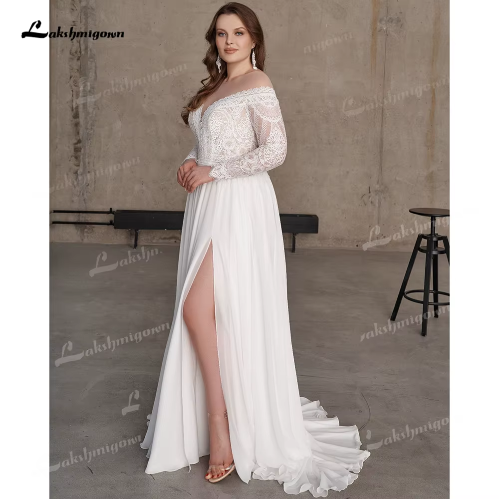 Robe de mariée bohème en dentelle et mousseline de soie, coupe trapèze, grande taille, épaules dénud