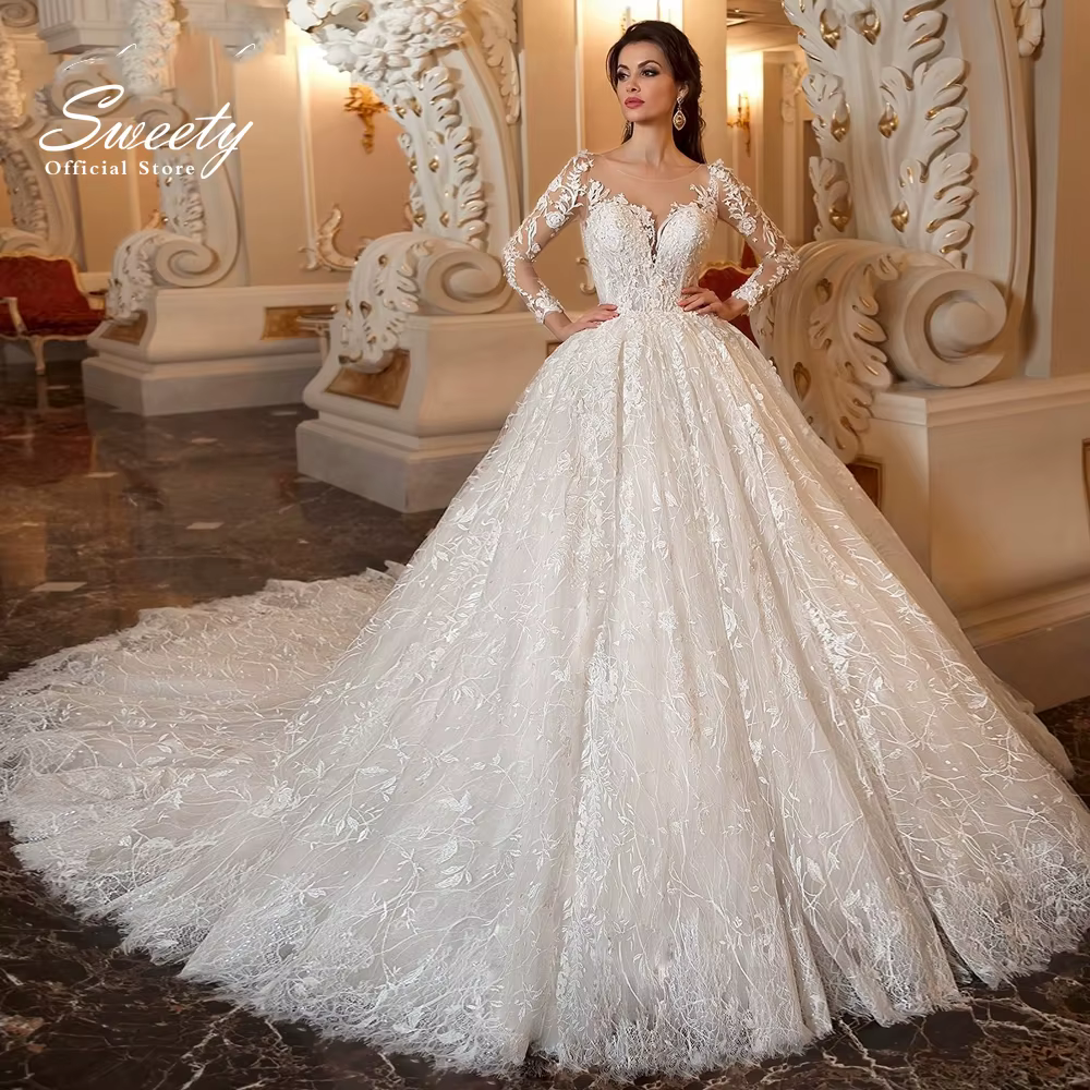 Robe de Mariée de Luxe en Dentelle Brodée avec Perles, Tenue à Col Rond, Manches sulf, lèvent Appliq