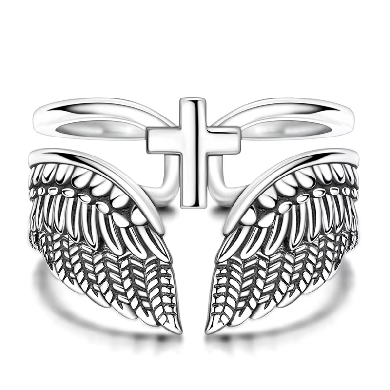Bague ajustable ouverte en argent sterling 925 avec ailes d'ange vintage et croix, double bande, pou