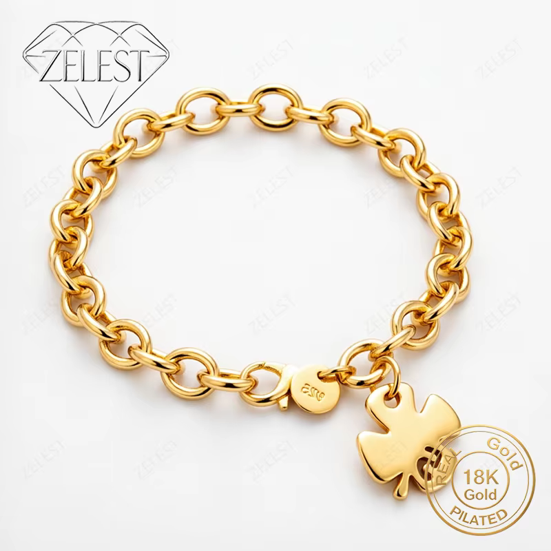 Bracelet en argent sterling 925 plaqué or 18 carats, 8 pouces, exquis, trèfle à quatre feuilles, bij
