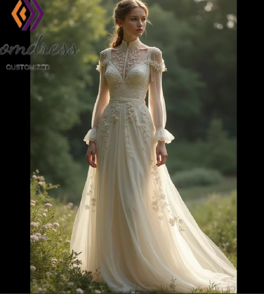 Robe de mariée flottante Boho forêt, col haut, dentelle, manches longues, non structurée, féerique, 