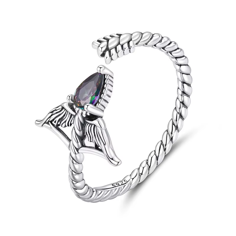 BAMOER Bague ouverte en argent sterling 925 avec signe du zodiaque, bague ovale arc-en-ciel en zirco