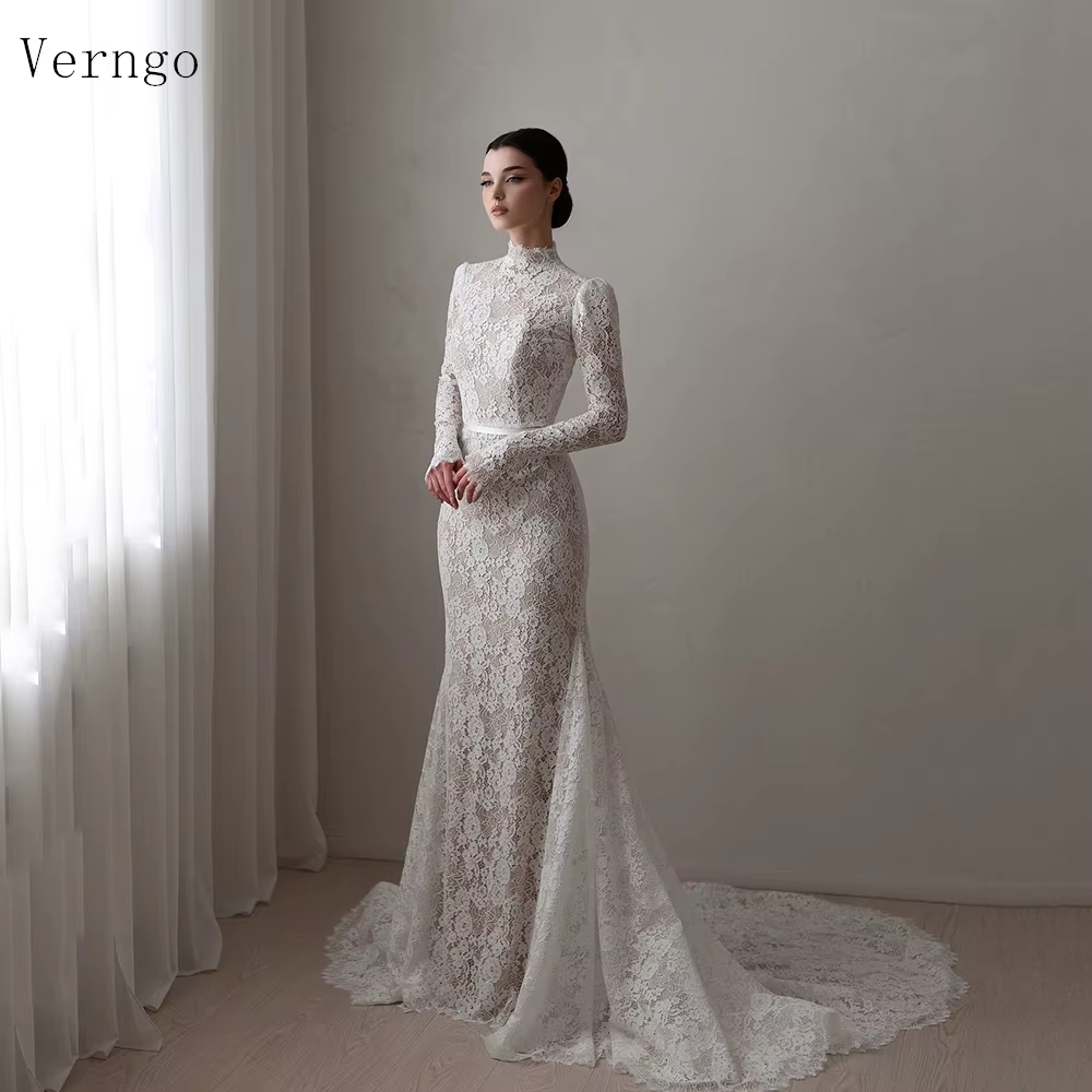 Verngo dentelle robe de mariée élégante col haut manches longues sirène robes de mariée Sweap Train 